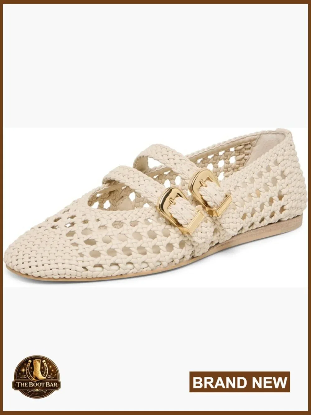 Woven Ballet Flat with Leather Upper, Rubber Sole, Buckle Closure, Solid Pattern
